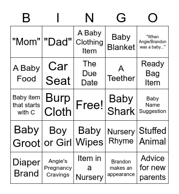 Angie & Brandon Baby Shower Bingo Card