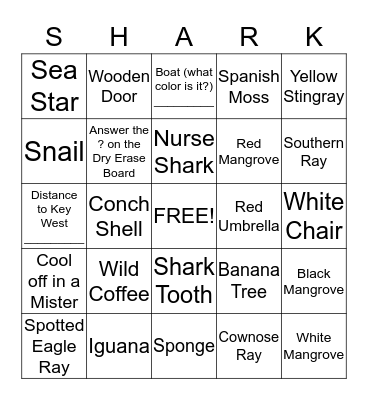 Marine Biology Camp SHARK Bingo Card