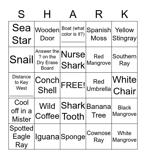 Marine Biology Camp SHARK Bingo Card