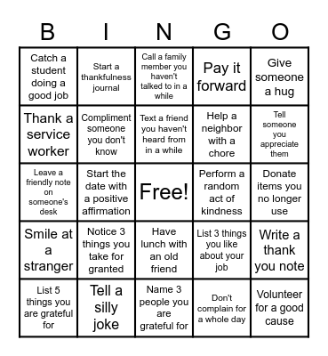 November Gratefulness Challenge Bingo Card