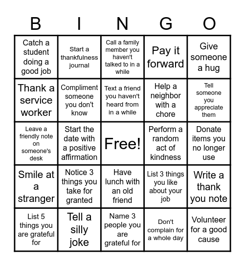 November Gratefulness Challenge Bingo Card