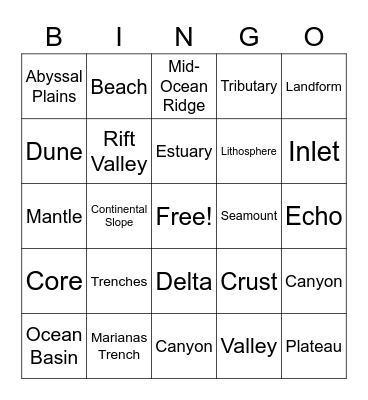 Earths Structures Bingo Card