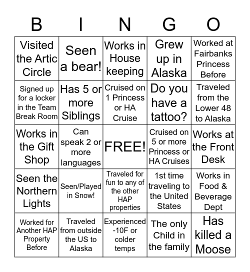 Fairbanks Princess Lodge BINGO!! Bingo Card