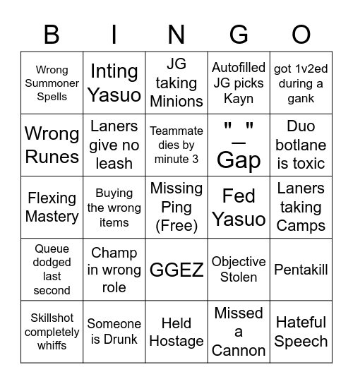 League Bingo Card