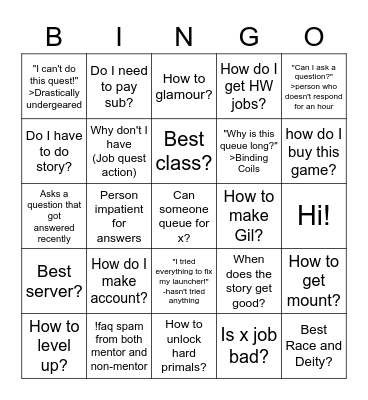 #questions-and-help (Also #beginners-lounge) Bingo Card