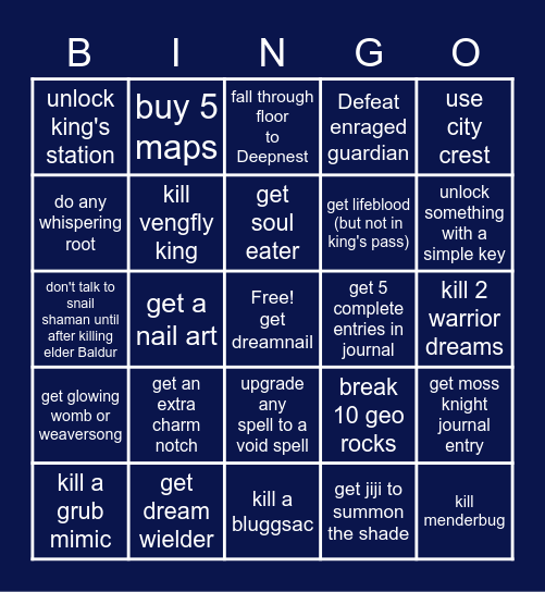 Hollow Knight Bingo Card