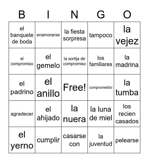 3A Family Vocabulary Bingo Card