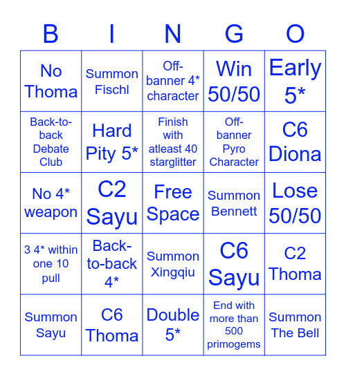 Hu Tao Bingo Card Bingo Card