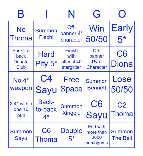 Hu Tao Bingo Card Bingo Card