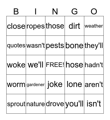 Long o (-ose;s/z/) & contractions n't, 'll, 'm Bingo Card