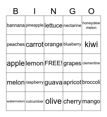 Let's play bingo with the fruits and vegetables Bingo Card