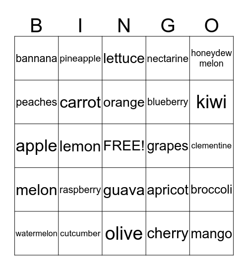 Let's play bingo with the fruits and vegetables Bingo Card