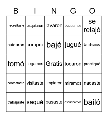 Preterite AR Verbs Bingo Card