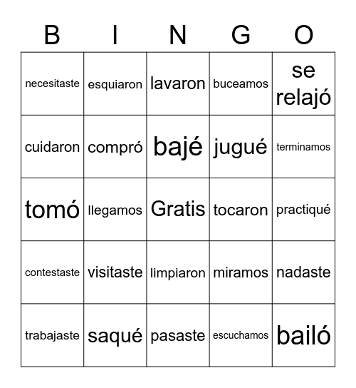 Preterite AR Verbs Bingo Card