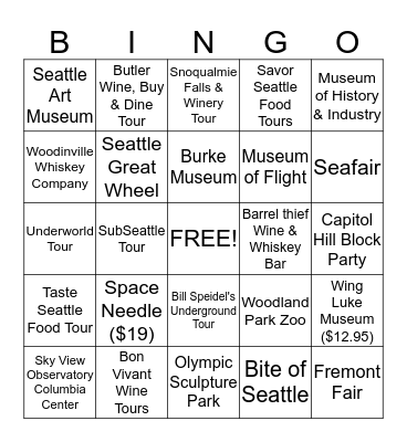 Seattle Summer Bingo Card