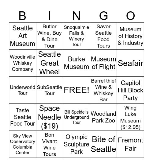 Seattle Summer Bingo Card