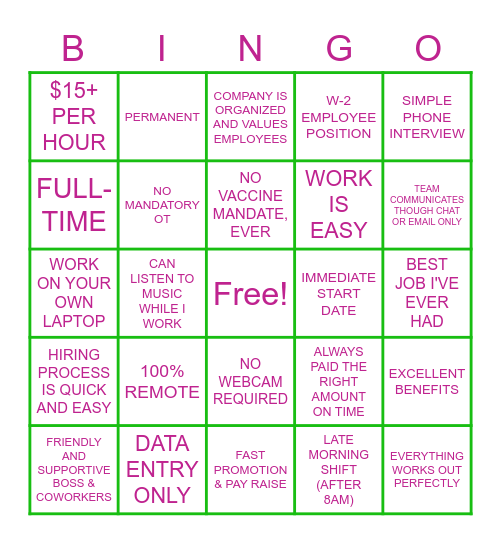 My Desired New Job Bingo Card