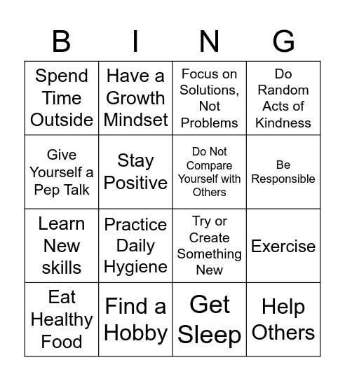 Build Your Self Esteem Bingo Card