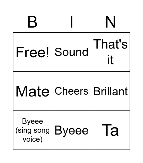 UK phrases Bingo Card