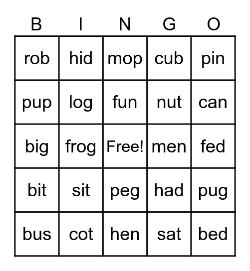 Short Vowel Bingo Card