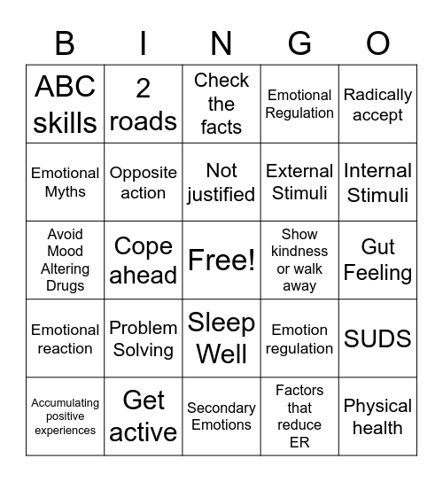 DBT - Emotion Regulation Bingo Card