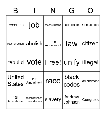 Reconstruction Vocab Bingo Card