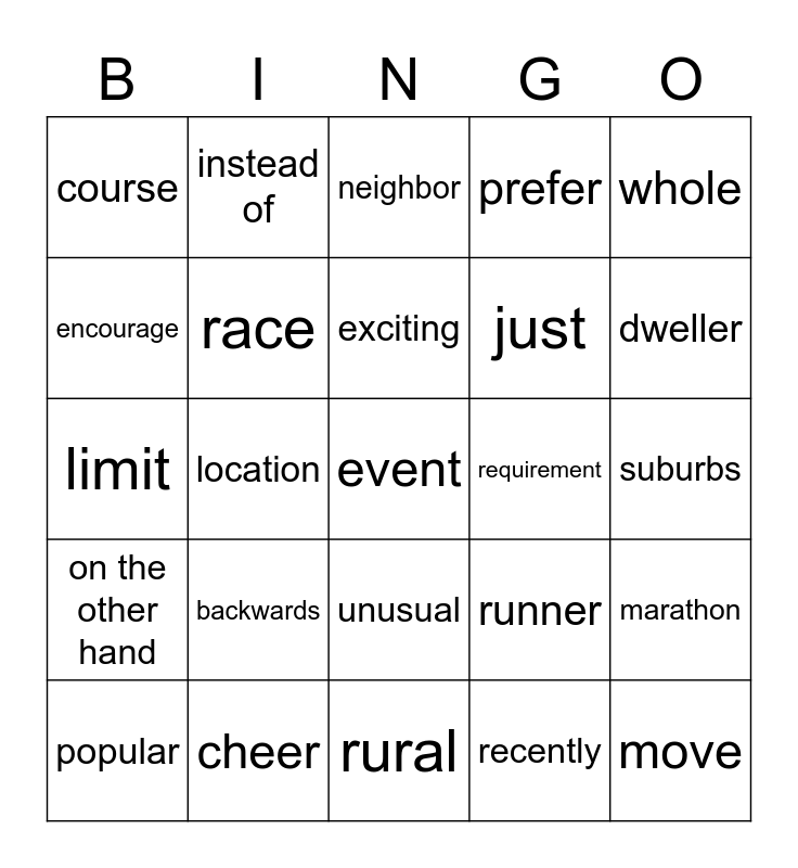 Chapters 7 and 8 Vocabulary Bingo Card