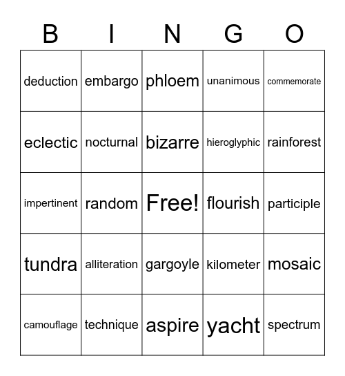 Vocabulary List 2 Bingo Card