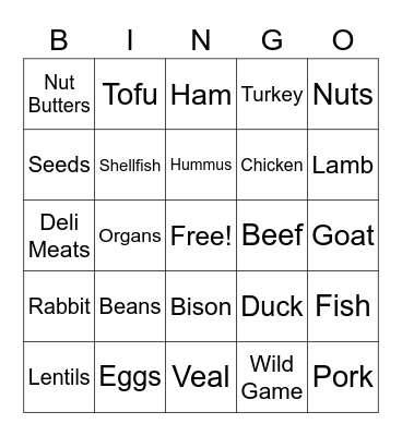 Meat and Alternatives Bingo Card