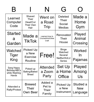 Covid-19 Lockdown Bingo Card