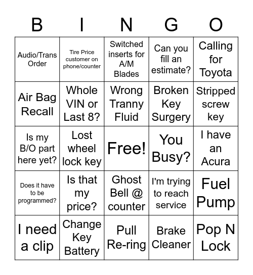 Parts Dept. Bingo Card