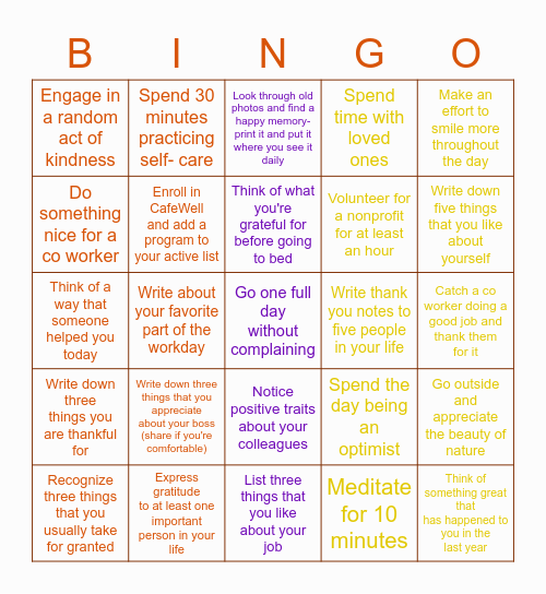 25 Days of Gratitude Challenge Bingo Card