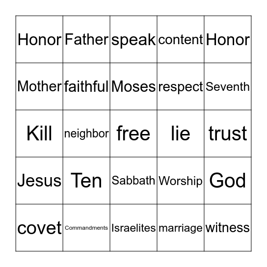 Ten Commandments Bingo Card