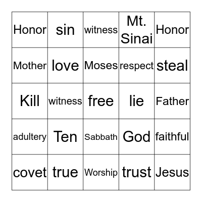 Ten Commandments Bingo Card