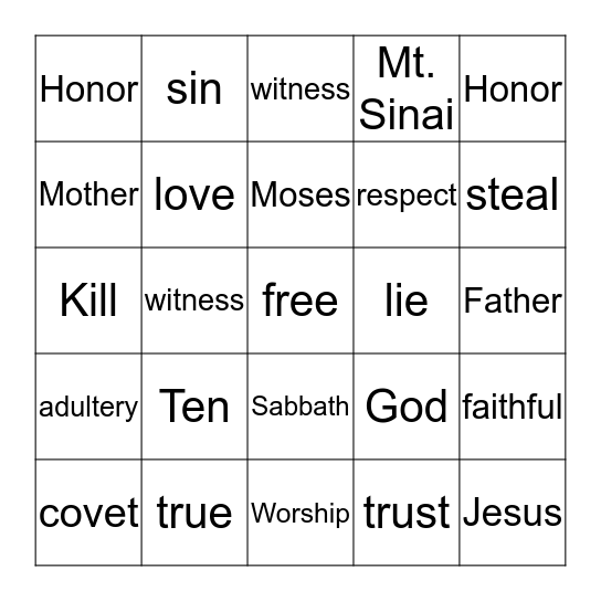Ten Commandments Bingo Card