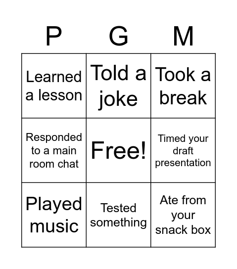 Program Manager Virtual Hackathon Bingo Card