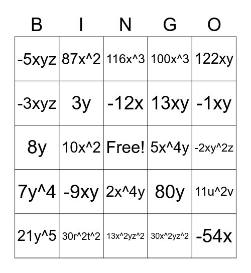 Add/Subtract Monomials Bingo Card