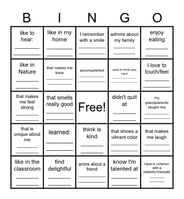 Gratitude Bingo:  Something/Someone I . . . Bingo Card