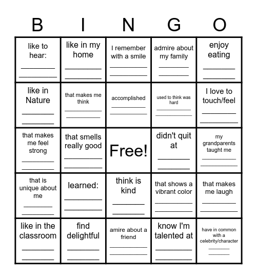 Gratitude Bingo:  Something/Someone I . . . Bingo Card