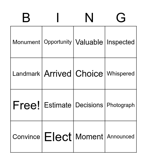 Vocabulary Unit 2 Week 3 Bingo Card