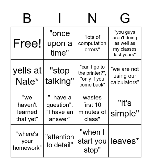 Math Bingo Card
