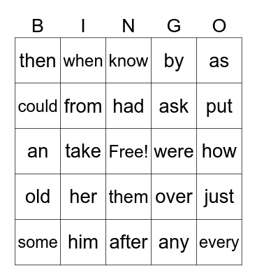 SIGHT WORDS Bingo Card