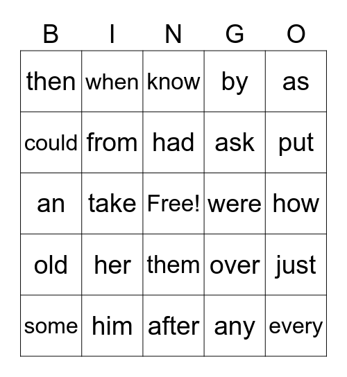 SIGHT WORDS Bingo Card