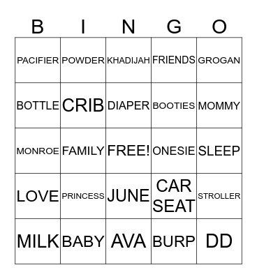 BABY AVA BINGO Card