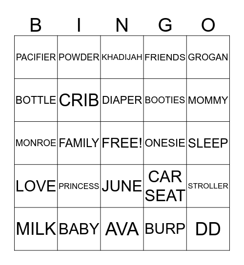 BABY AVA BINGO Card