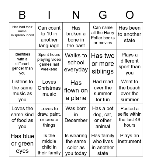 Human Bingo - Find a Classmate Who..... Bingo Card