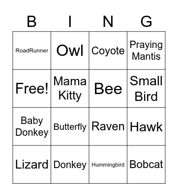 Wildlife Bingo Card