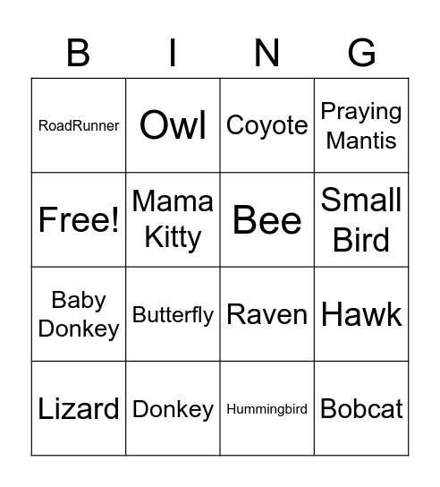 Wildlife Bingo Card