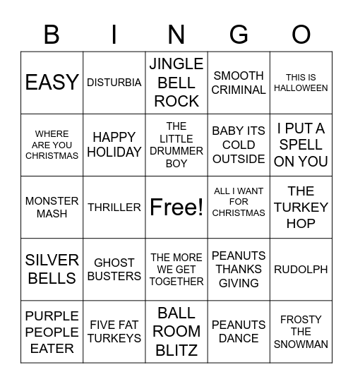 Holiday Songs Bingo Card