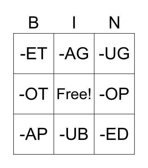 Word Families Bingo Card